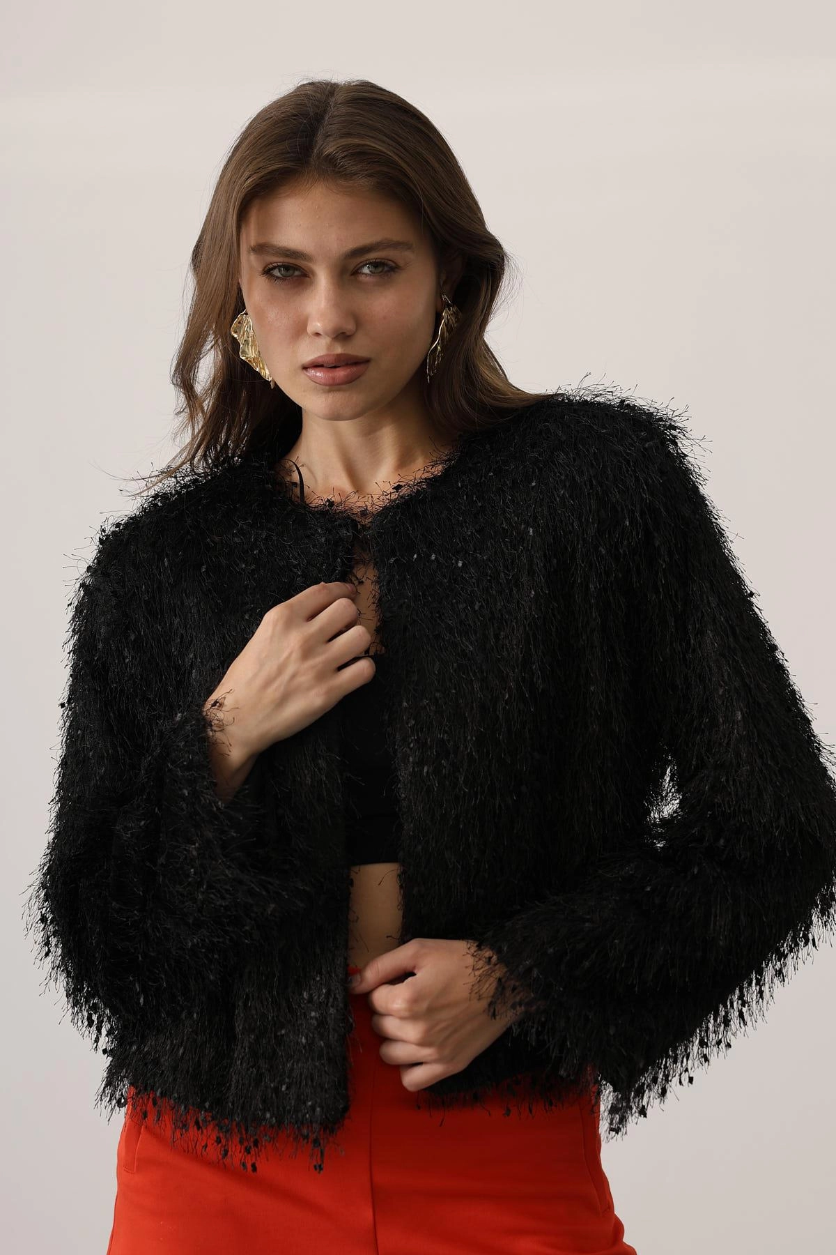 Shaggy Fringe Jacket, Black Eyelash Knit Cardigan, Cropped Party Bolero, Boho Glam Statement Evening Topper
