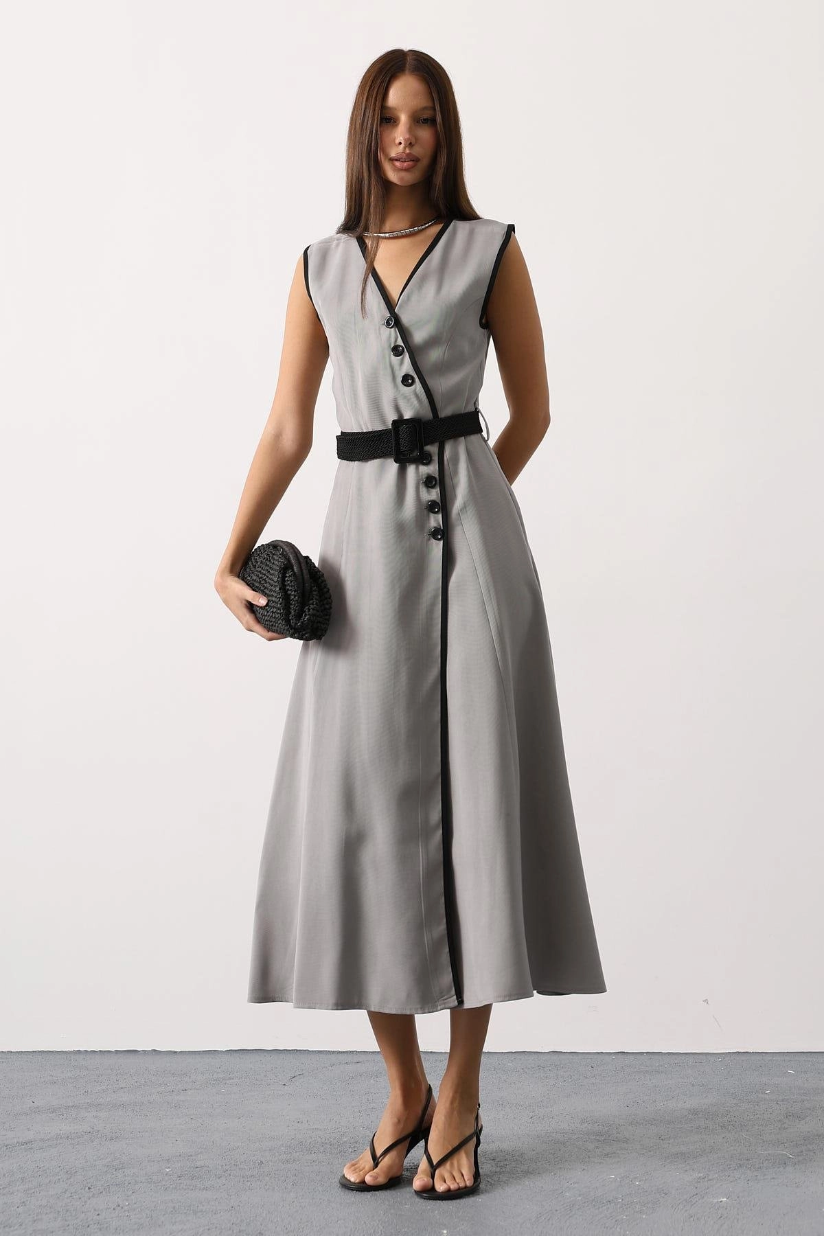 Sleeveless Maxi Dress Women Button Front Evening Dress Wrap Style Long Dress High Slit Formal Dress