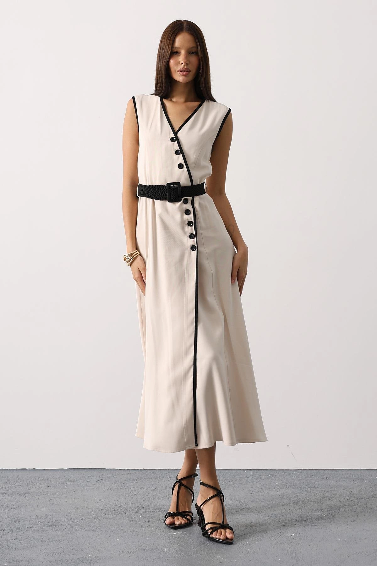 Sleeveless Midi Dress Button Front Wrap Style Belted V Neck Elegant Summer Dress Black Trim Custom Size Vintage Inspired
