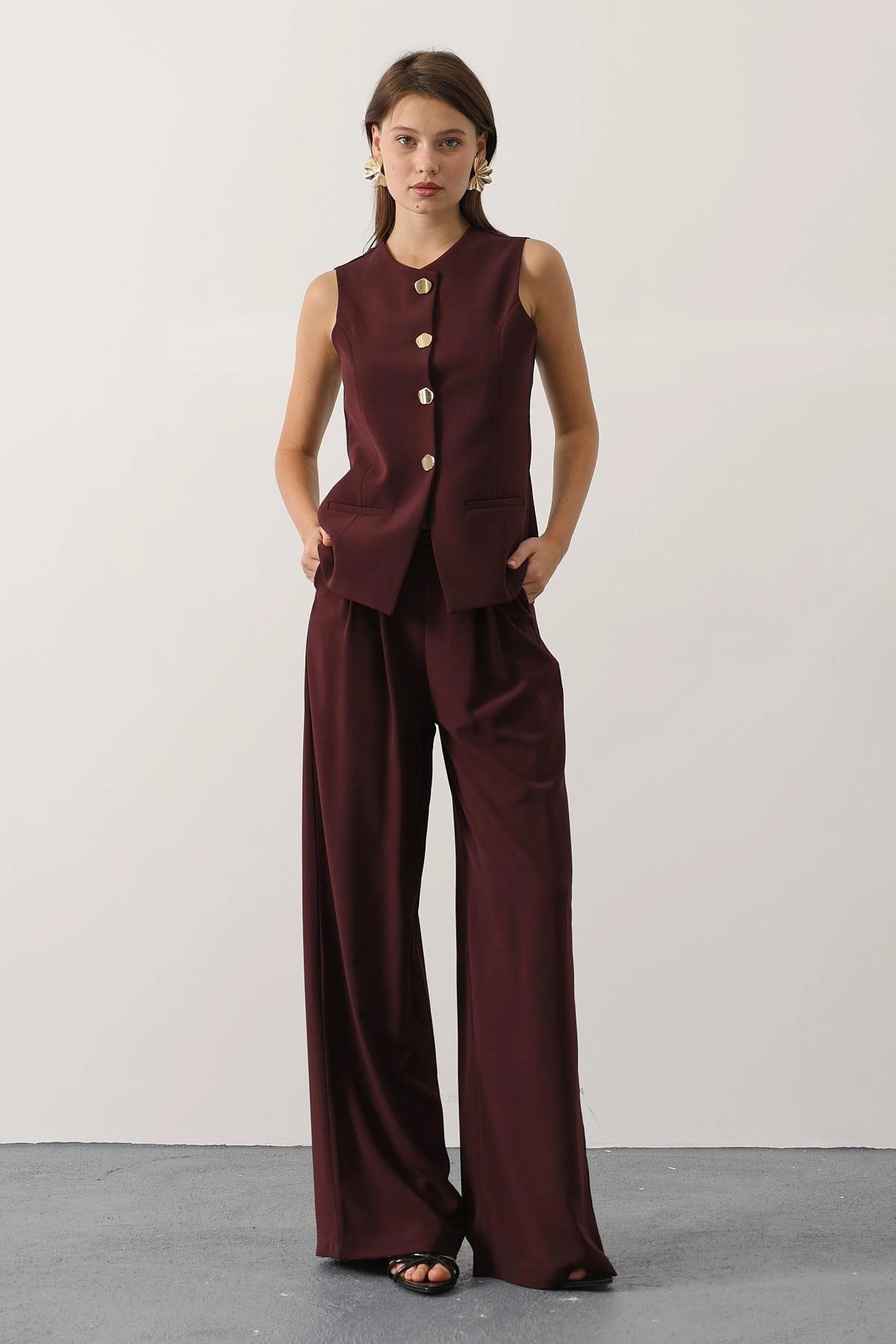 Tailored Burgundy Vest & Wide Leg Pants Set, Chic 70s Inspired Suit