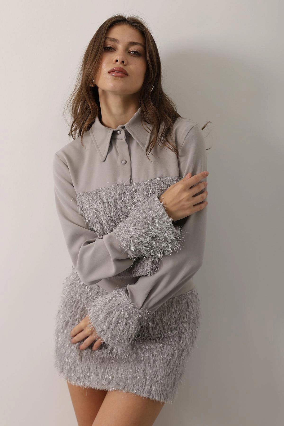 Textured Fringe Two Piece Set, Chic Grey Co-ord with Long Sleeves & Mini Skirt, Statement Disco Outfit for Party, Festival, New Years Eve