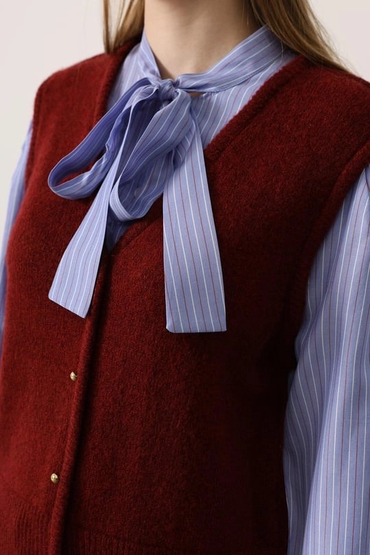 Tie Neck Pinstripe Shirt | Sweater Vest Blouse | Maroon Knit Top | Vintage Button Up