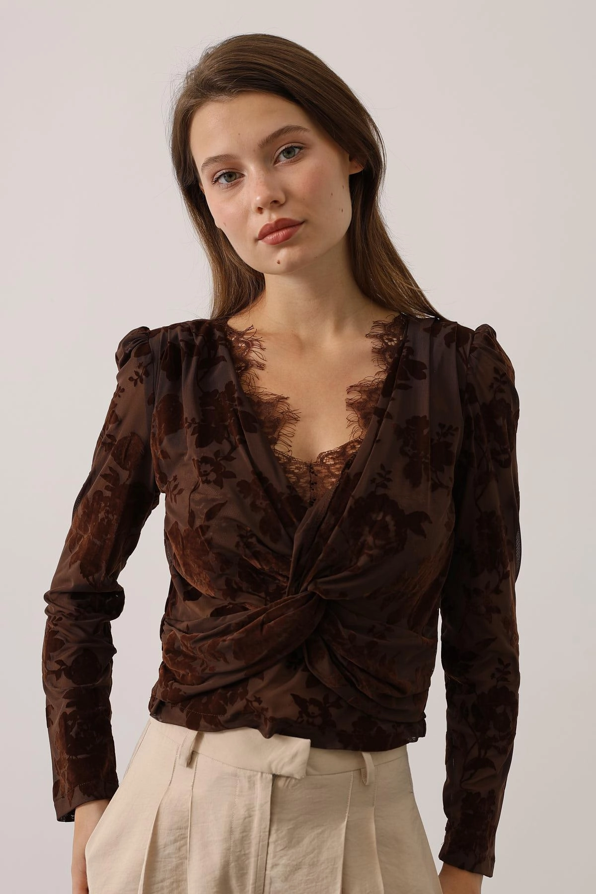 Whimsigoth Burnout Top, Dark Academia Twist Front Blouse