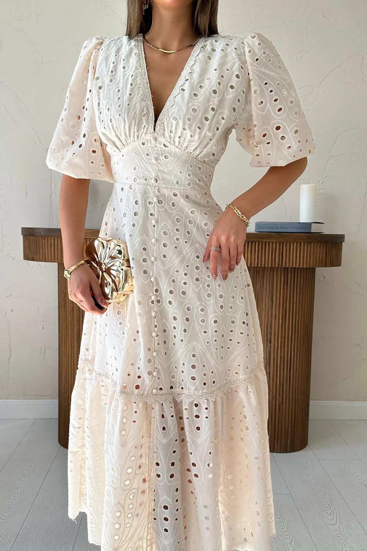 White Eyelet Midi Dress V-Neck Short Sleeve Cotton Summer Dress Boho Tiered Dress