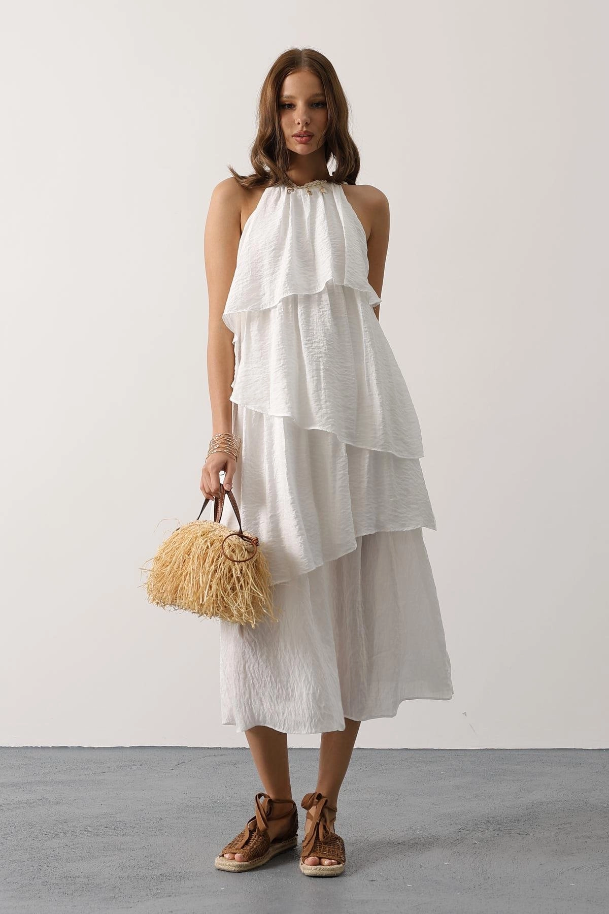 White Halter Midi Dress Boho Tiered Summer Dress Bohemian Beach Wedding Guest Dress Shell Charm Neckline