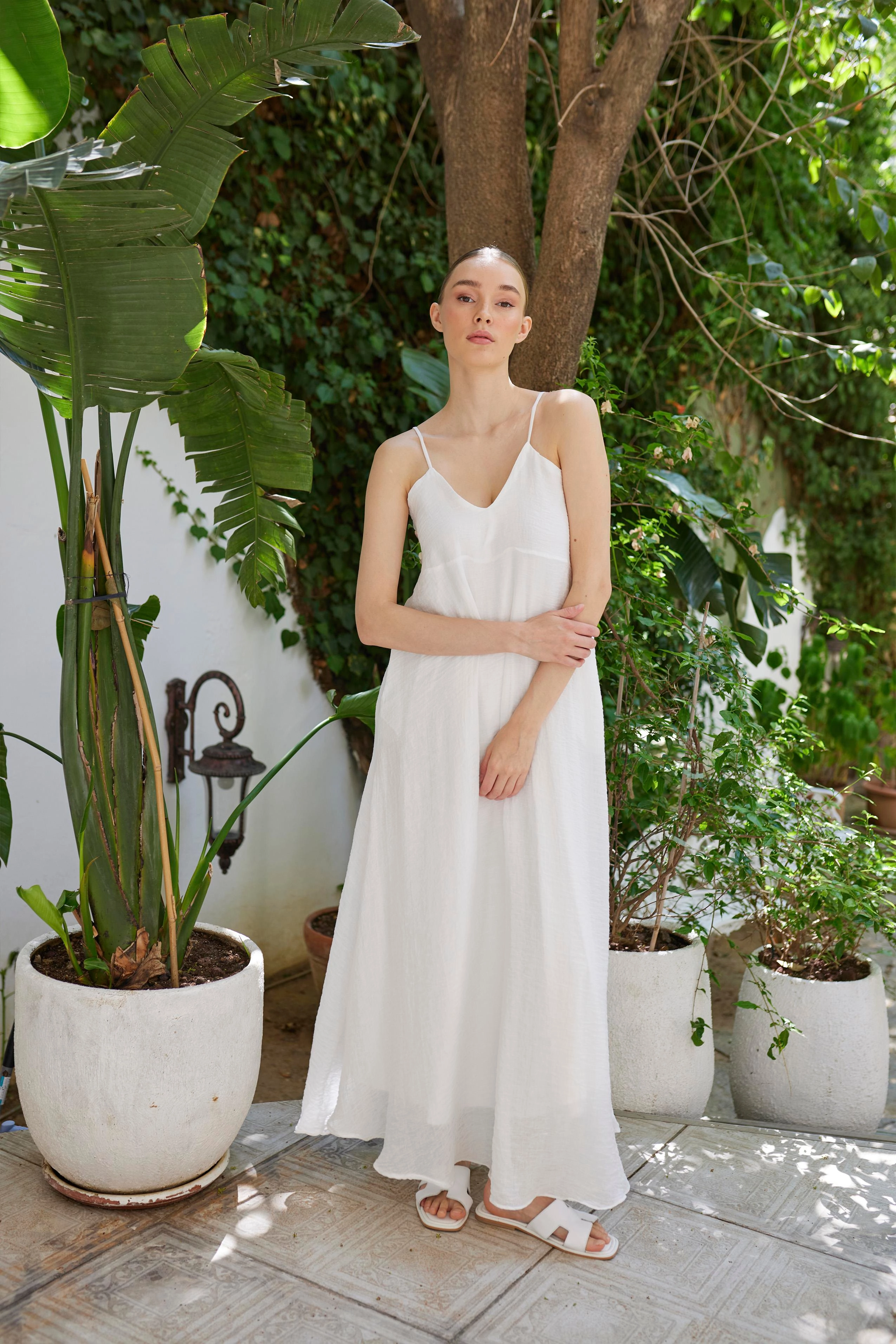 White Linen Slip Dress Minimalist Summer Dress Bohemian Maxi Dress Spaghetti Strap Dress Linen Dress