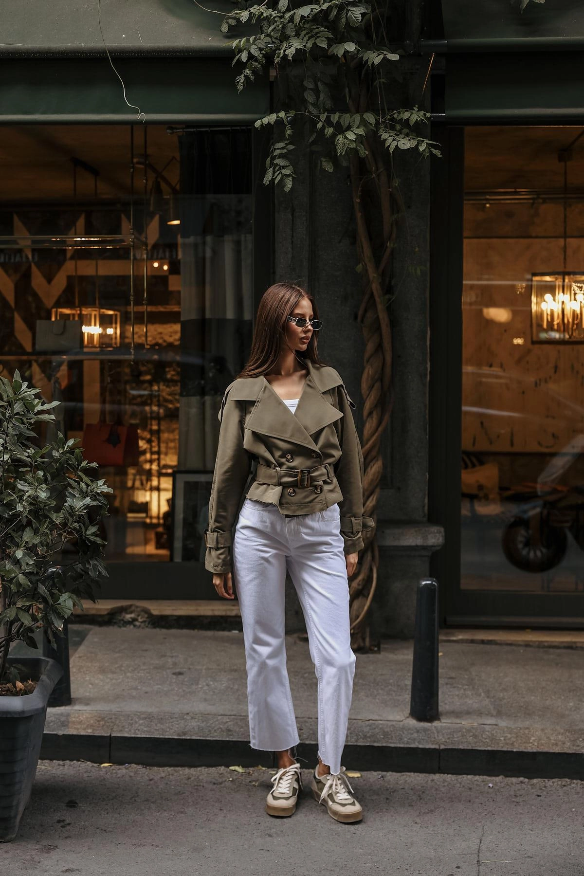 Women's Olive Green Cropped Trench Coat - Belted Double-Breasted Utility Jacket