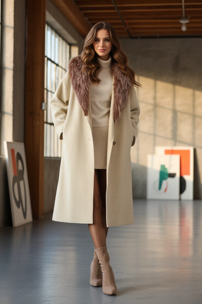 Wool Coat with Faux Fur Collar, Minimalist Long Overcoat