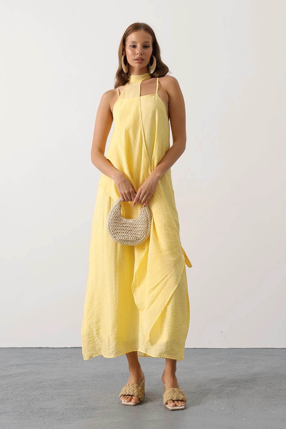 Yellow Halter Maxi Dress Summer Boho Linen Long Dress Women Backless Casual Beach Wedding Guest Outfit