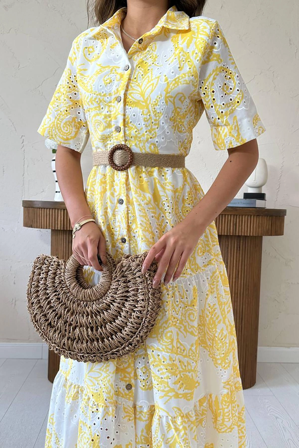 Yellow Paisley Midi Dress - Boho Button Front Eyelet Tiered Dress - Vintage Summer Shirt Dress with Belt - Women's Bohemian Dress