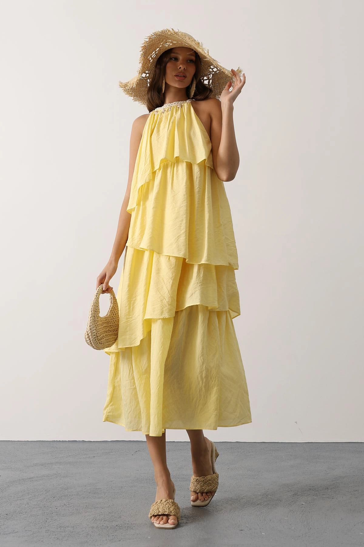 Yellow Tiered Midi Dress Boho Summer Dress Women Sleeveless Cotton Ruffle Dress Vacation Dress Beach Wear Resort Dress
